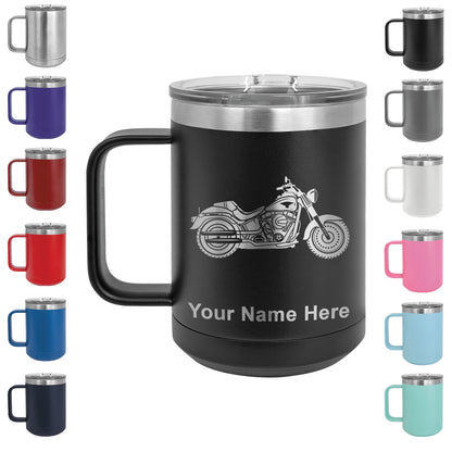 15oz Vacuum Insulated Coffee Mug, Motorcycle, Personalized Engraving Included