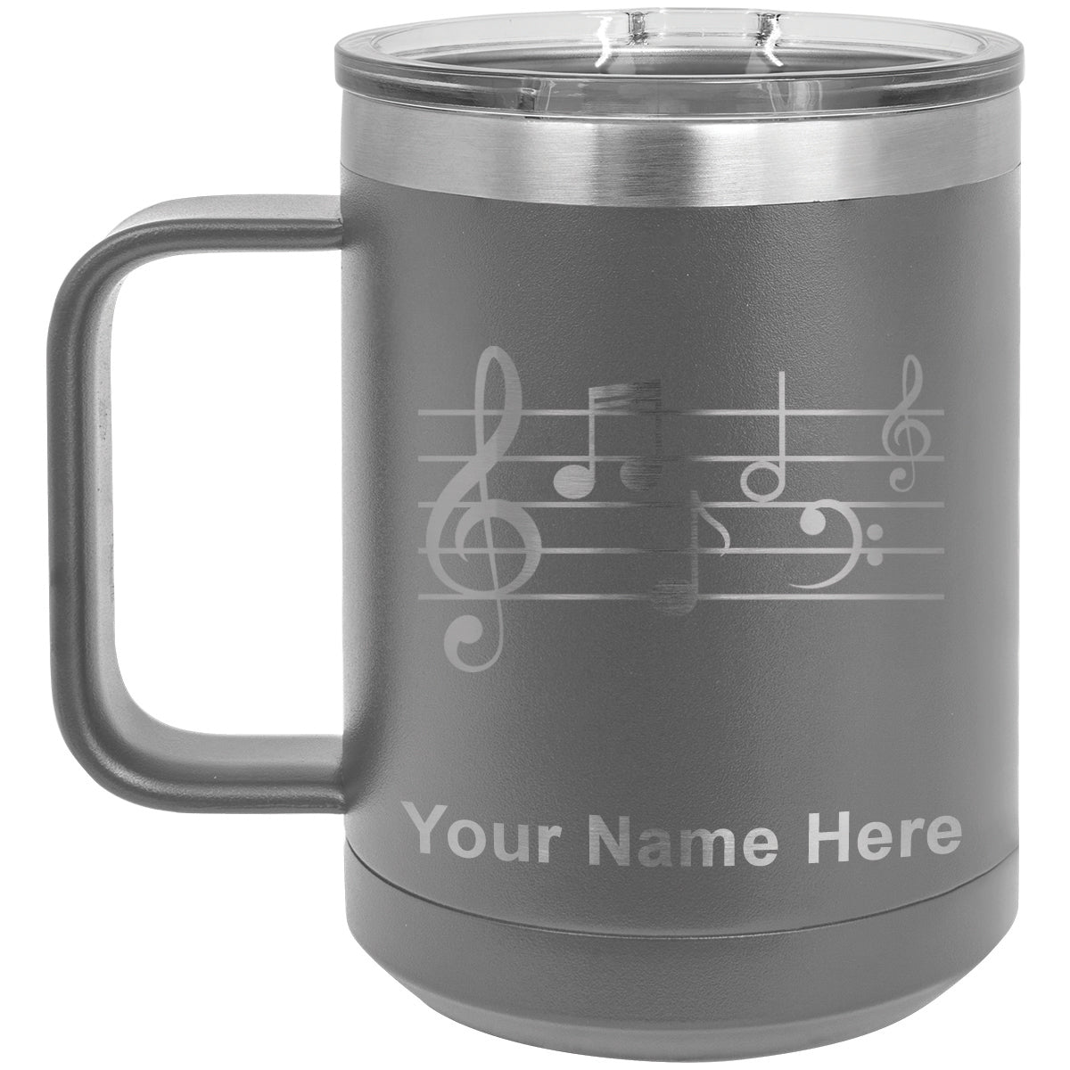15oz Vacuum Insulated Coffee Mug, Music Staff, Personalized Engraving Included
