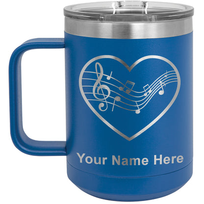 15oz Vacuum Insulated Coffee Mug, Music Staff Heart, Personalized Engraving Included