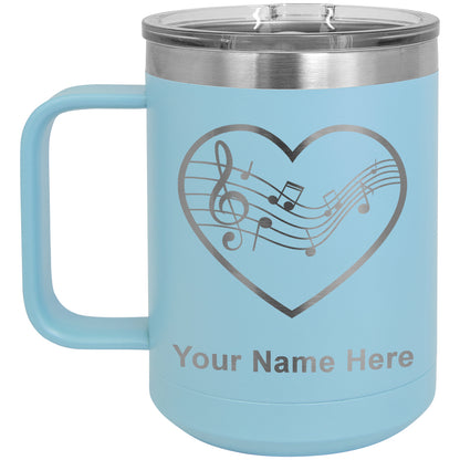 15oz Vacuum Insulated Coffee Mug, Music Staff Heart, Personalized Engraving Included