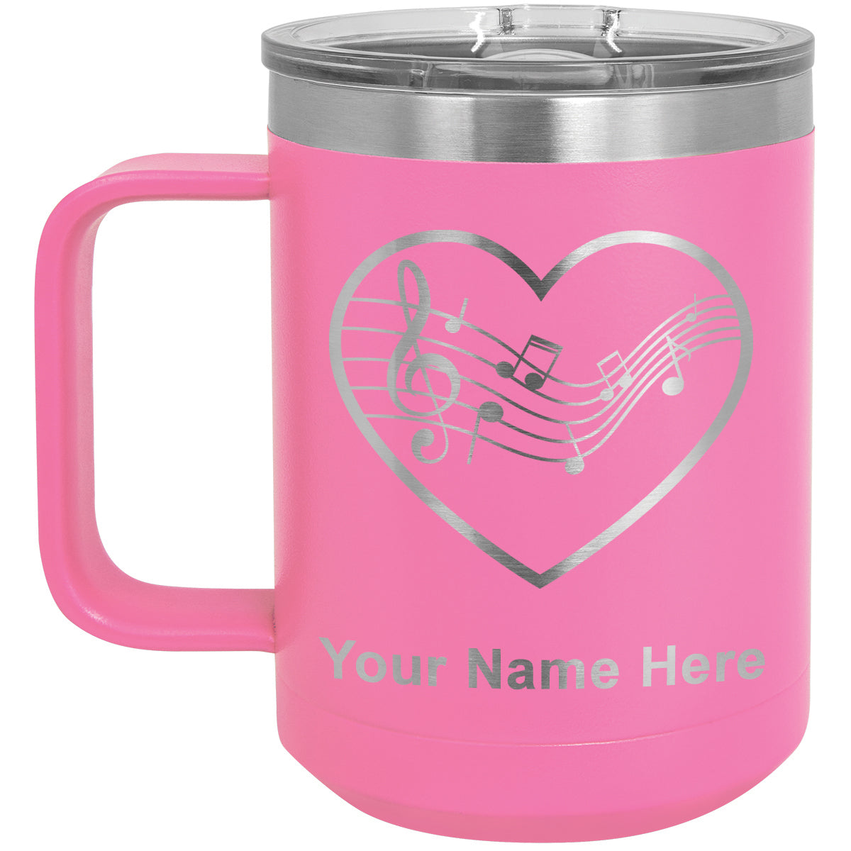 15oz Vacuum Insulated Coffee Mug, Music Staff Heart, Personalized Engraving Included