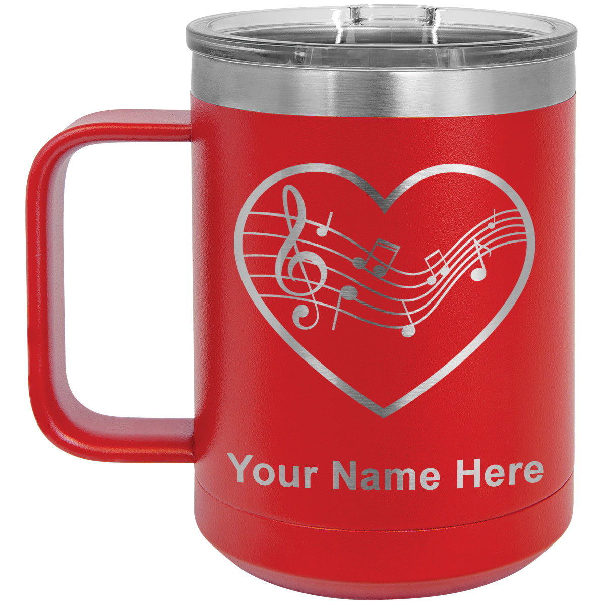 15oz Vacuum Insulated Coffee Mug, Music Staff Heart, Personalized Engraving Included