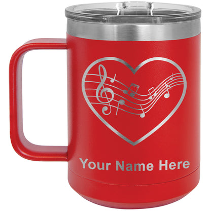 15oz Vacuum Insulated Coffee Mug, Music Staff Heart, Personalized Engraving Included