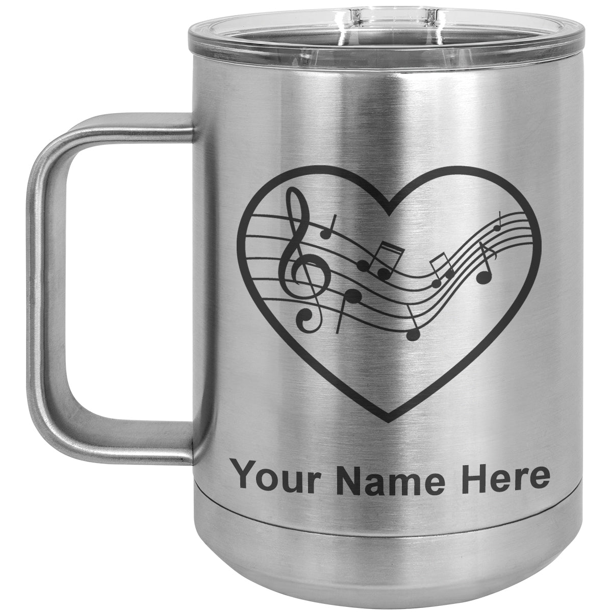 15oz Vacuum Insulated Coffee Mug, Music Staff Heart, Personalized Engraving Included