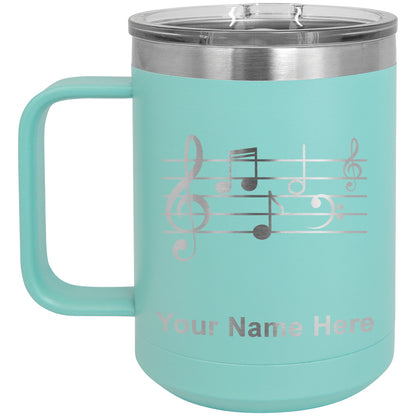 15oz Vacuum Insulated Coffee Mug, Music Staff, Personalized Engraving Included