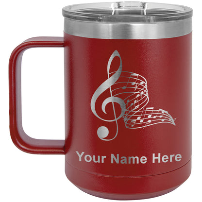 15oz Vacuum Insulated Coffee Mug, Musical Notes, Personalized Engraving Included