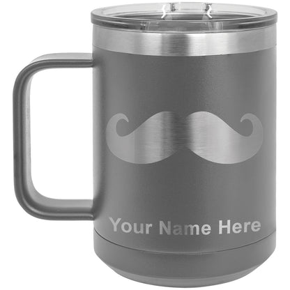 15oz Vacuum Insulated Coffee Mug, Mustache, Personalized Engraving Included