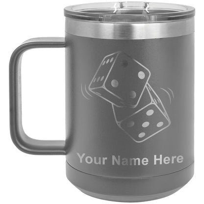 15oz Vacuum Insulated Coffee Mug, Pair of Dice, Personalized Engraving Included