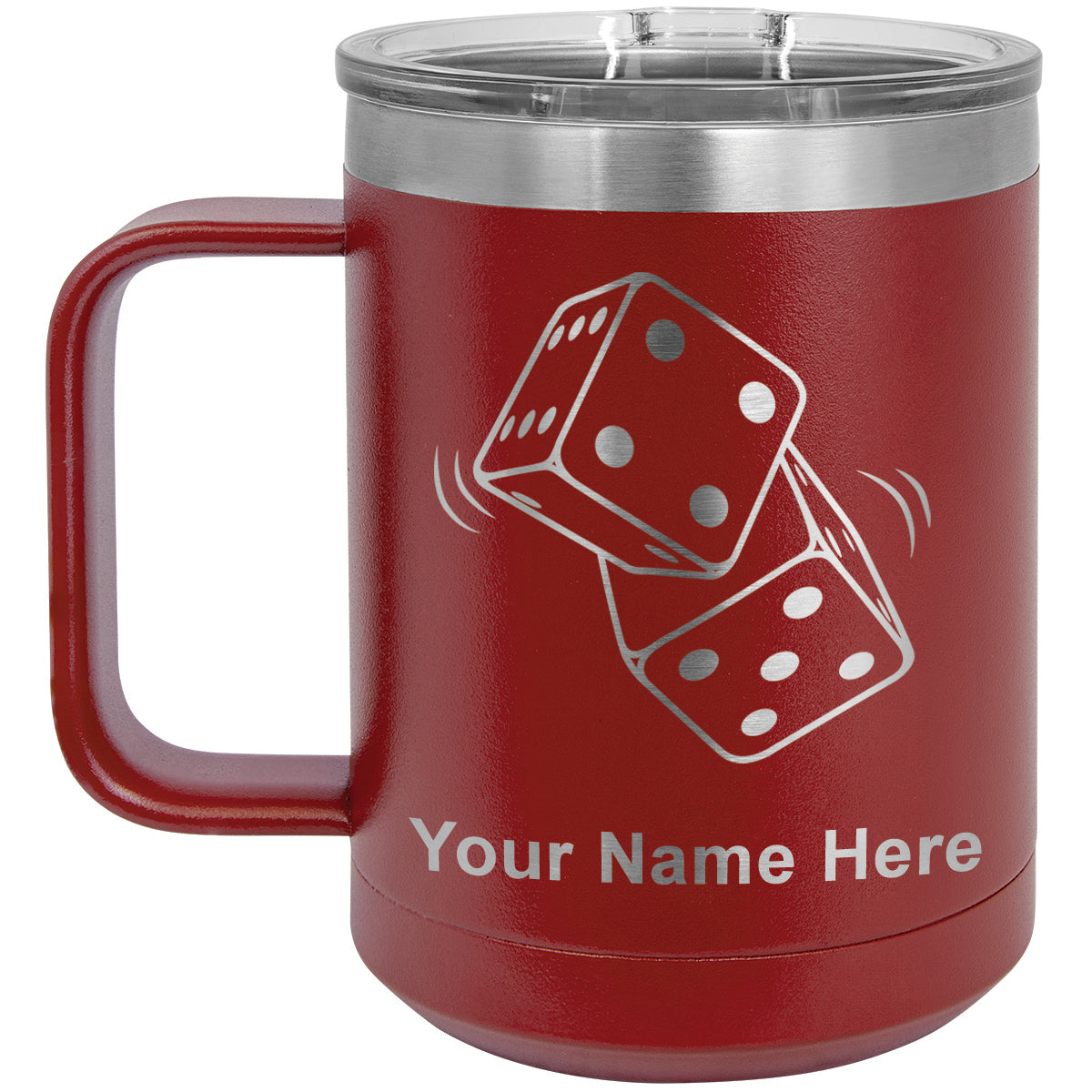 15oz Vacuum Insulated Coffee Mug, Pair of Dice, Personalized Engraving Included
