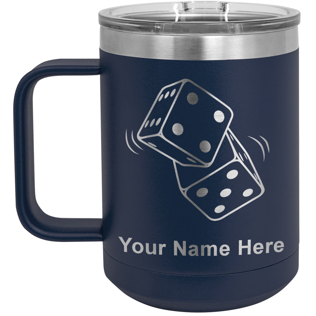 15oz Vacuum Insulated Coffee Mug, Pair of Dice, Personalized Engraving Included