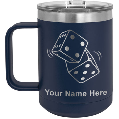 15oz Vacuum Insulated Coffee Mug, Pair of Dice, Personalized Engraving Included