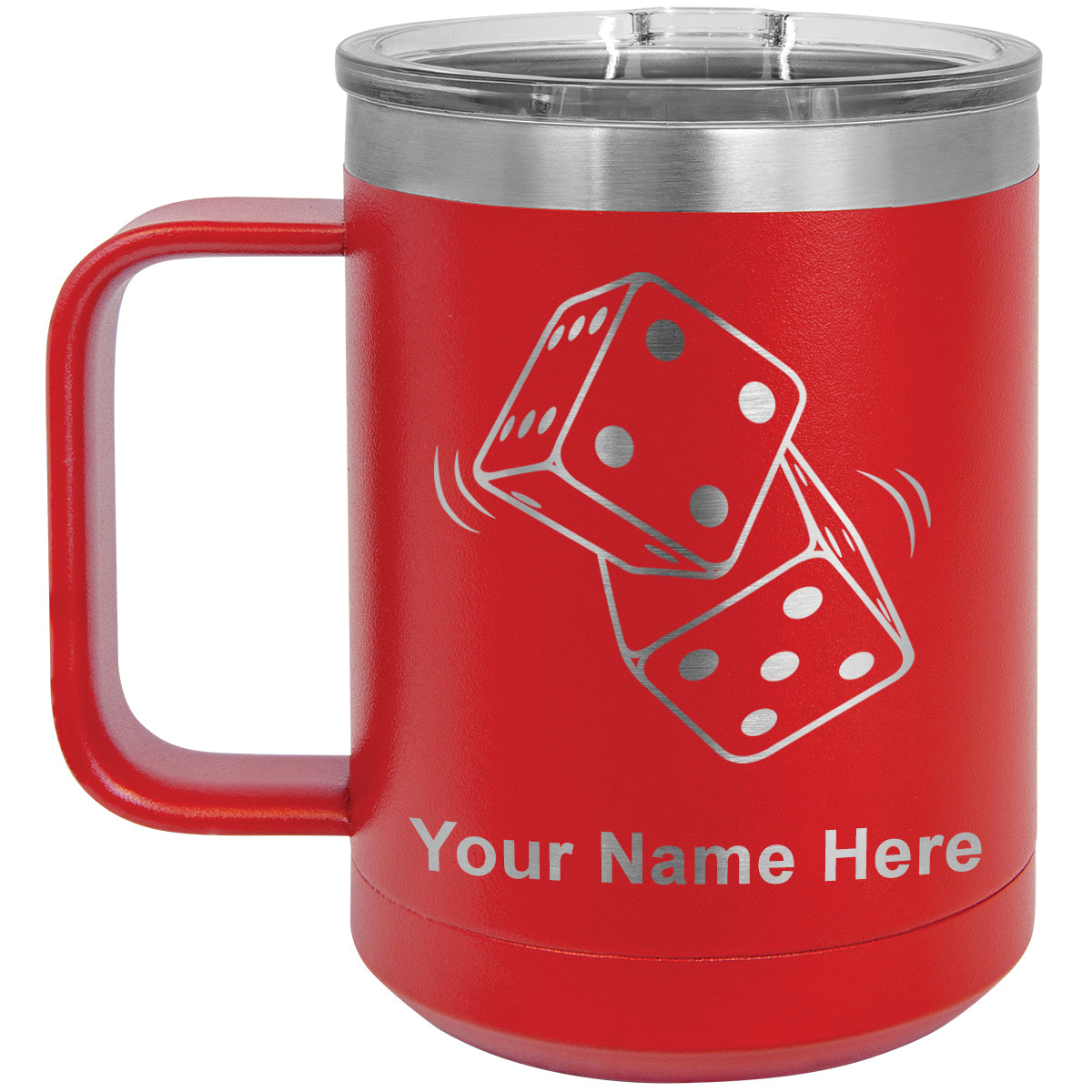 15oz Vacuum Insulated Coffee Mug, Pair of Dice, Personalized Engraving Included