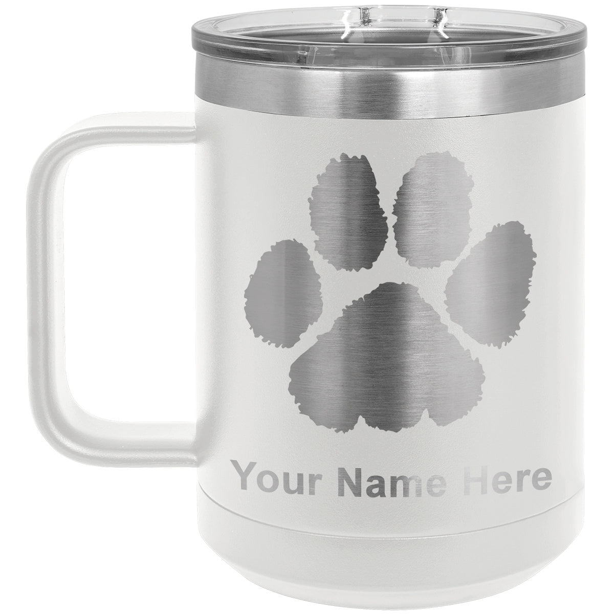 15oz Vacuum Insulated Coffee Mug, Paw Print, Personalized Engraving Included