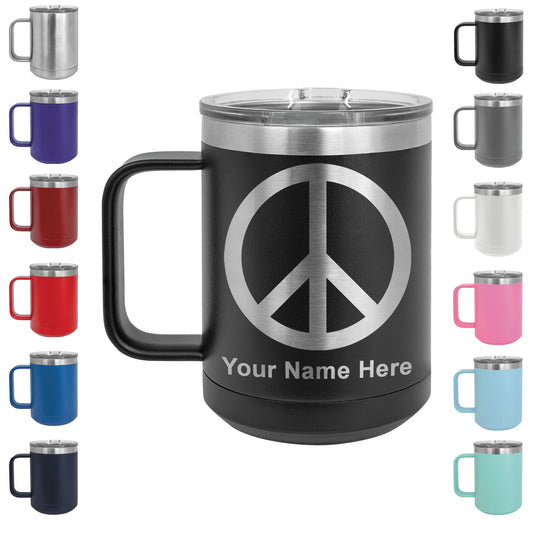 15oz Vacuum Insulated Coffee Mug, Peace Sign, Personalized Engraving Included