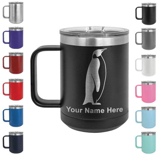 15oz Vacuum Insulated Coffee Mug, Penguin, Personalized Engraving Included