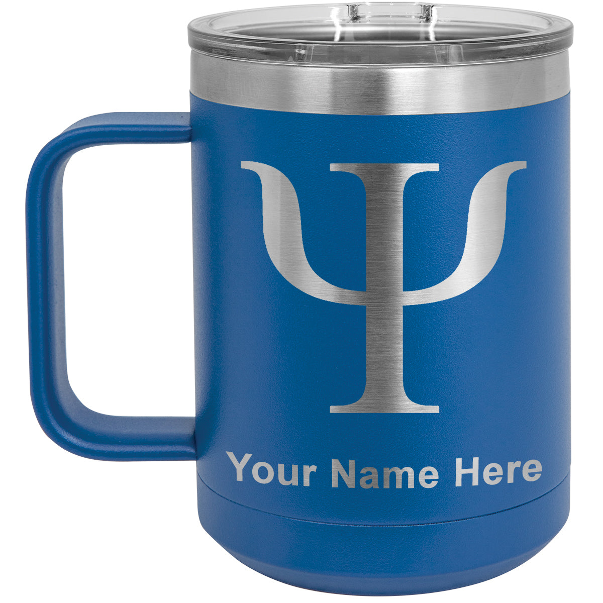 15oz Vacuum Insulated Coffee Mug, Psi Symbol, Personalized Engraving Included