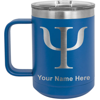15oz Vacuum Insulated Coffee Mug, Psi Symbol, Personalized Engraving Included