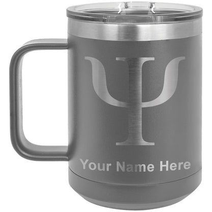 15oz Vacuum Insulated Coffee Mug, Psi Symbol, Personalized Engraving Included
