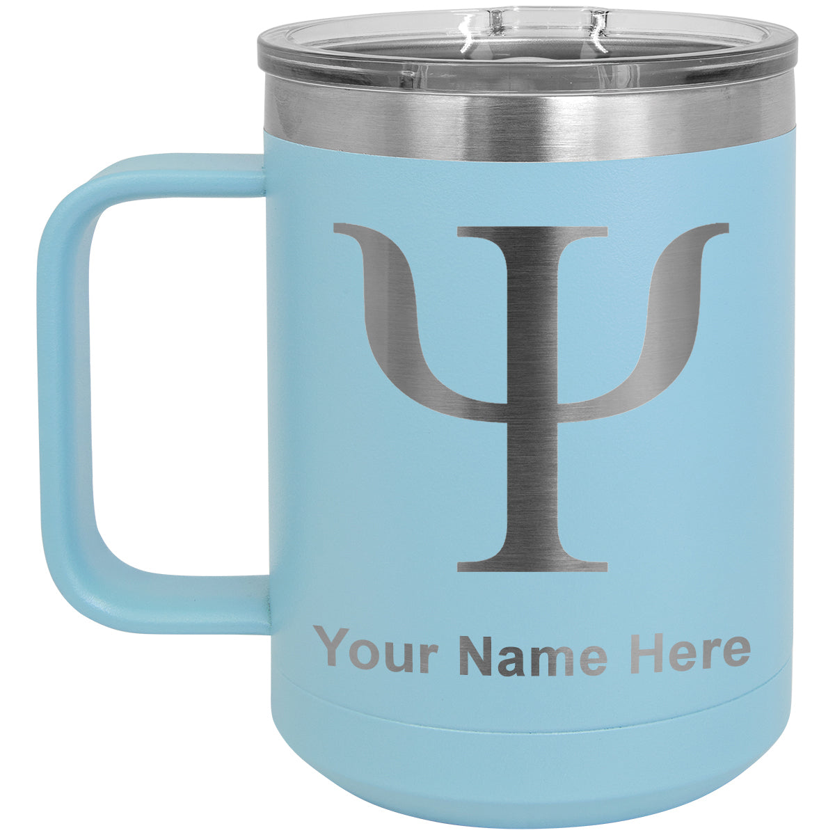 15oz Vacuum Insulated Coffee Mug, Psi Symbol, Personalized Engraving Included