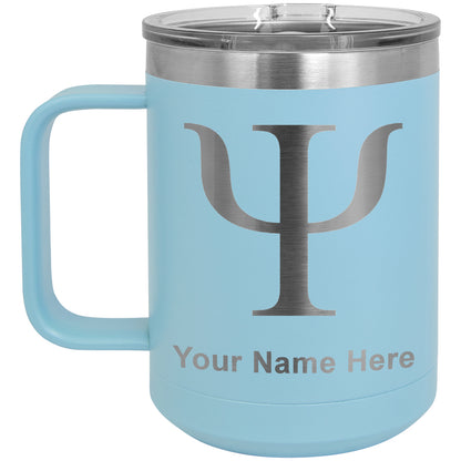 15oz Vacuum Insulated Coffee Mug, Psi Symbol, Personalized Engraving Included
