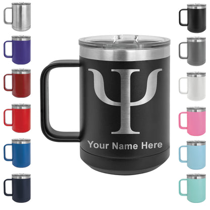 15oz Vacuum Insulated Coffee Mug, Psi Symbol, Personalized Engraving Included