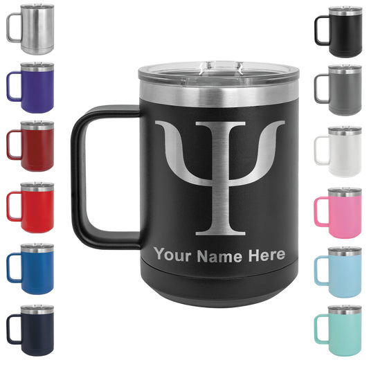 15oz Vacuum Insulated Coffee Mug, Psi Symbol, Personalized Engraving Included