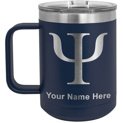 15oz Vacuum Insulated Coffee Mug, Psi Symbol, Personalized Engraving Included