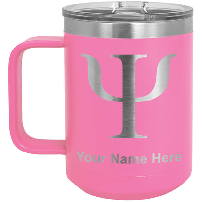 15oz Vacuum Insulated Coffee Mug, Psi Symbol, Personalized Engraving Included