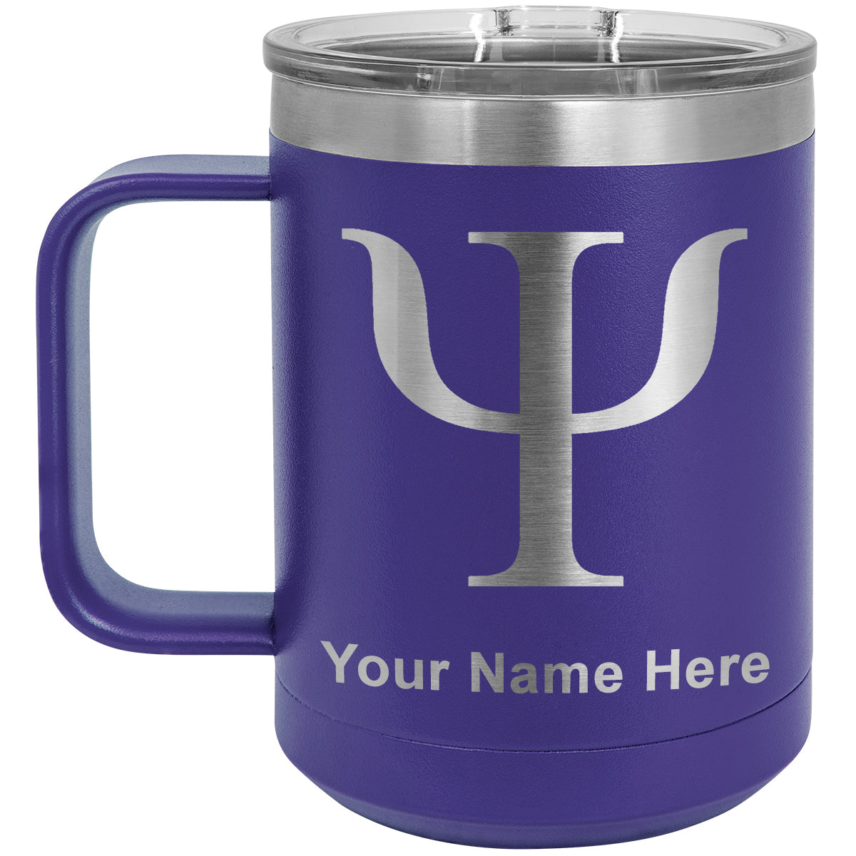 15oz Vacuum Insulated Coffee Mug, Psi Symbol, Personalized Engraving Included