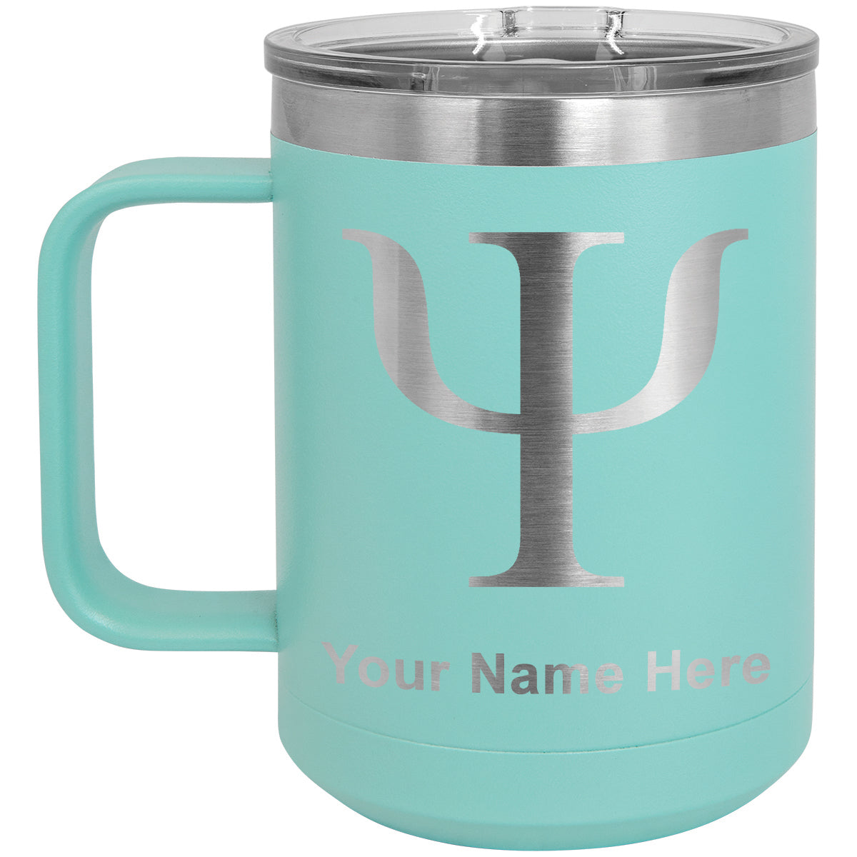 15oz Vacuum Insulated Coffee Mug, Psi Symbol, Personalized Engraving Included