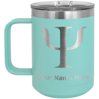 15oz Vacuum Insulated Coffee Mug, Psi Symbol, Personalized Engraving Included