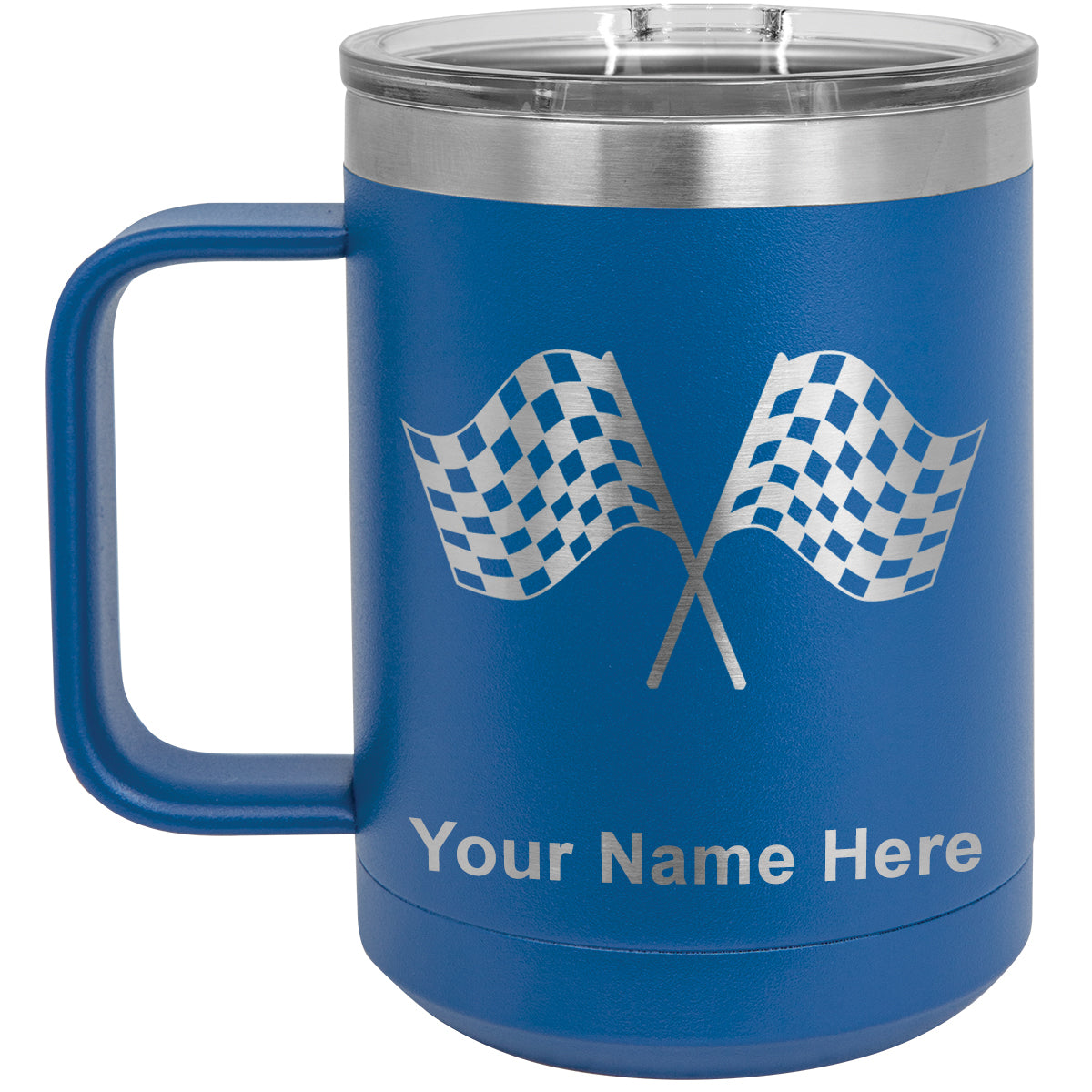 15oz Vacuum Insulated Coffee Mug, Racing Flags, Personalized Engraving Included