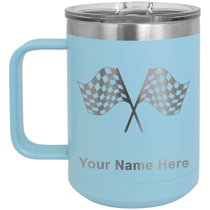 15oz Vacuum Insulated Coffee Mug, Racing Flags, Personalized Engraving Included