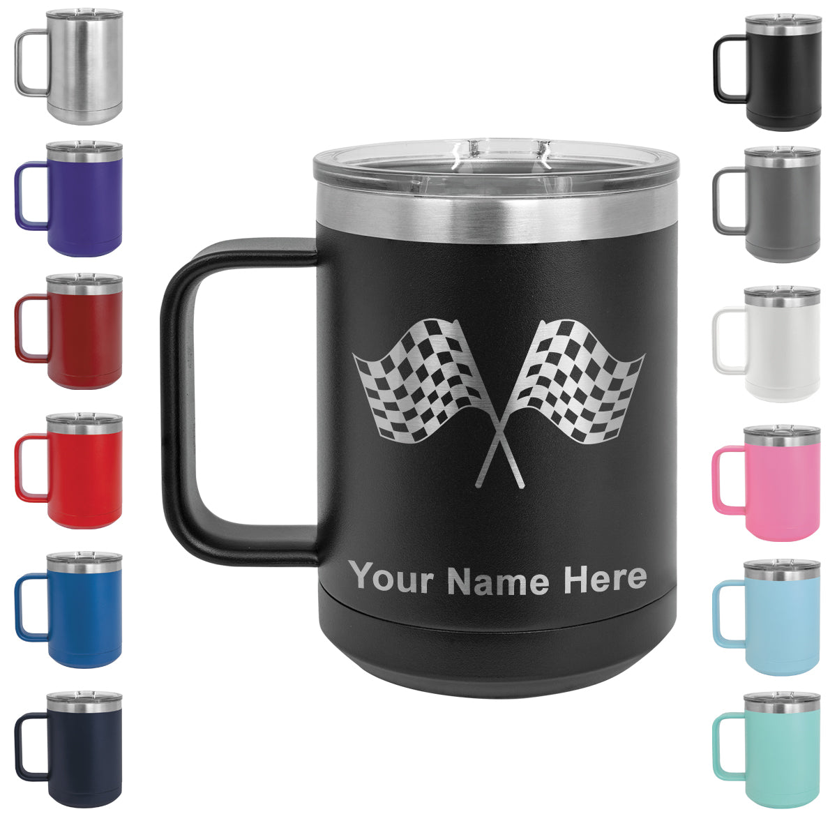 15oz Vacuum Insulated Coffee Mug, Racing Flags, Personalized Engraving Included