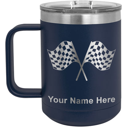 15oz Vacuum Insulated Coffee Mug, Racing Flags, Personalized Engraving Included