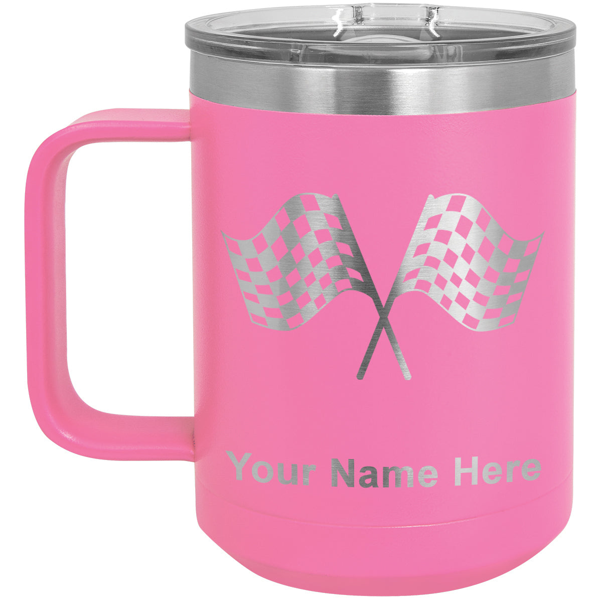 15oz Vacuum Insulated Coffee Mug, Racing Flags, Personalized Engraving Included