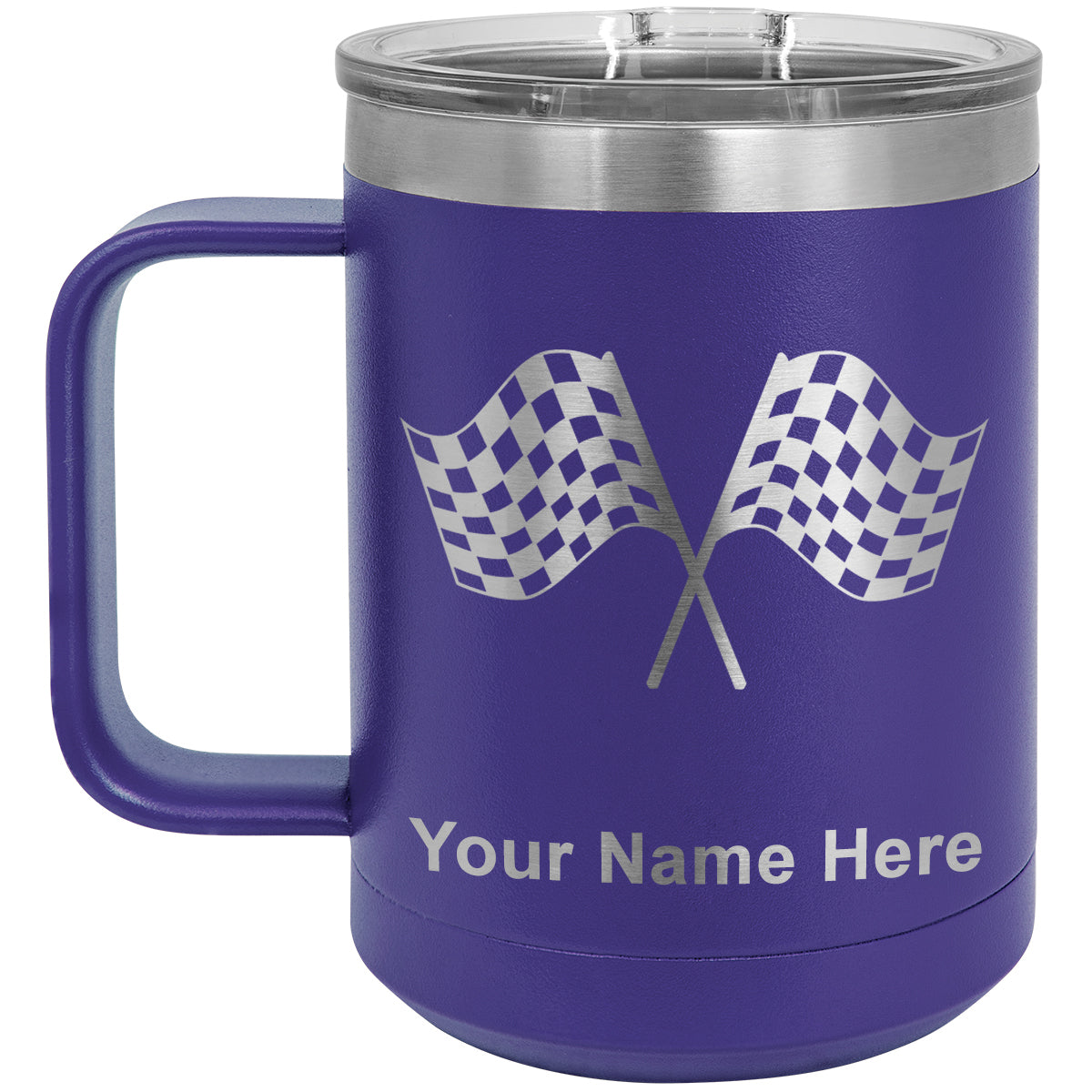15oz Vacuum Insulated Coffee Mug, Racing Flags, Personalized Engraving Included