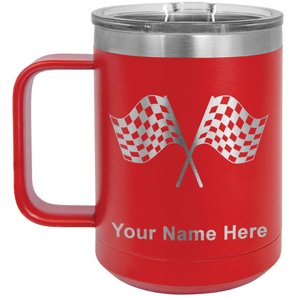 15oz Vacuum Insulated Coffee Mug, Racing Flags, Personalized Engraving Included