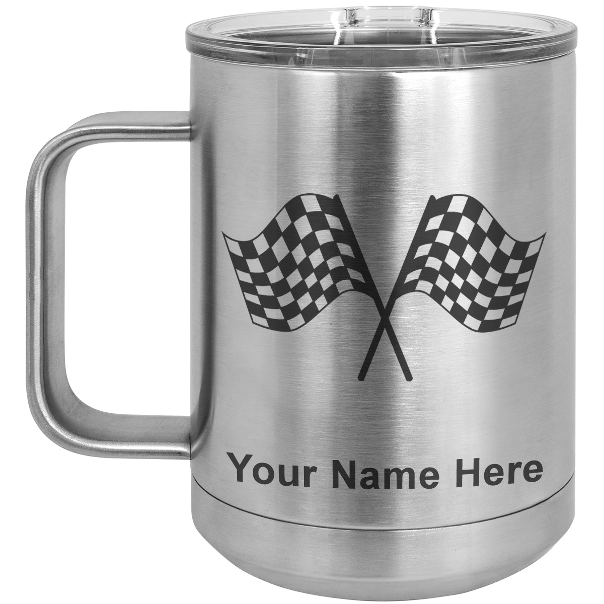 15oz Vacuum Insulated Coffee Mug, Racing Flags, Personalized Engraving Included