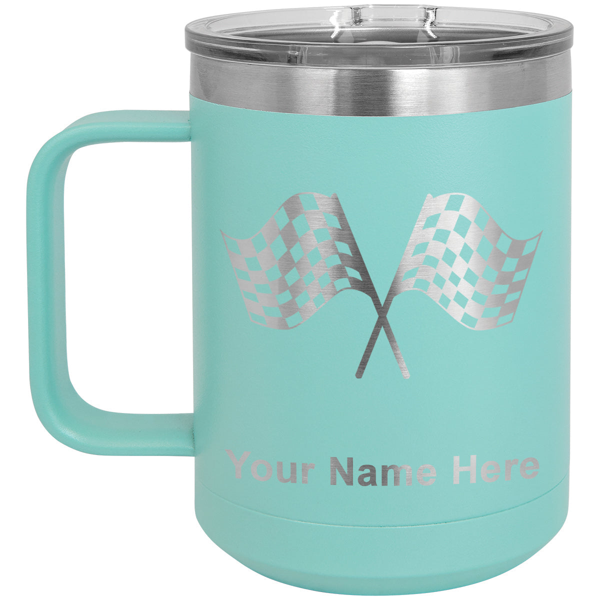 15oz Vacuum Insulated Coffee Mug, Racing Flags, Personalized Engraving Included