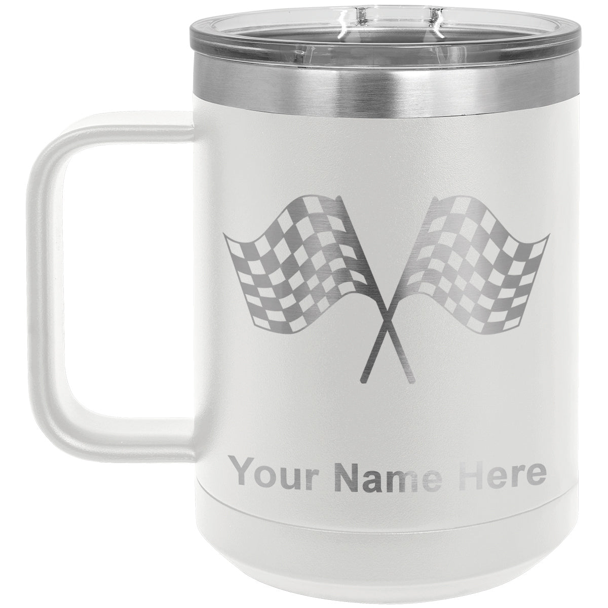15oz Vacuum Insulated Coffee Mug, Racing Flags, Personalized Engraving Included