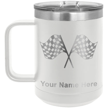 15oz Vacuum Insulated Coffee Mug, Racing Flags, Personalized Engraving Included