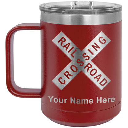 15oz Vacuum Insulated Coffee Mug, Railroad Crossing Sign 1, Personalized Engraving Included