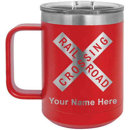 15oz Vacuum Insulated Coffee Mug, Railroad Crossing Sign 1, Personalized Engraving Included