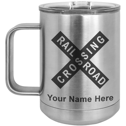 15oz Vacuum Insulated Coffee Mug, Railroad Crossing Sign 1, Personalized Engraving Included