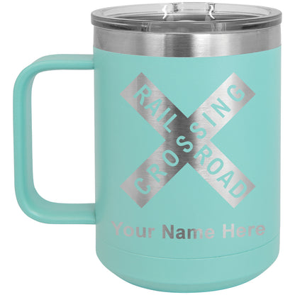 15oz Vacuum Insulated Coffee Mug, Railroad Crossing Sign 1, Personalized Engraving Included