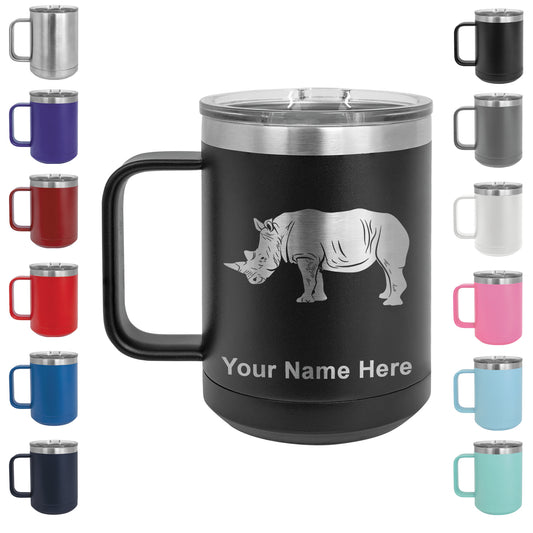 15oz Vacuum Insulated Coffee Mug, Rhinoceros, Personalized Engraving Included