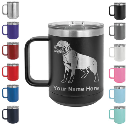15oz Vacuum Insulated Coffee Mug, Rottweiler Dog, Personalized Engraving Included