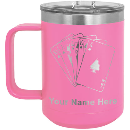 15oz Vacuum Insulated Coffee Mug, Royal Flush Poker Cards, Personalized Engraving Included