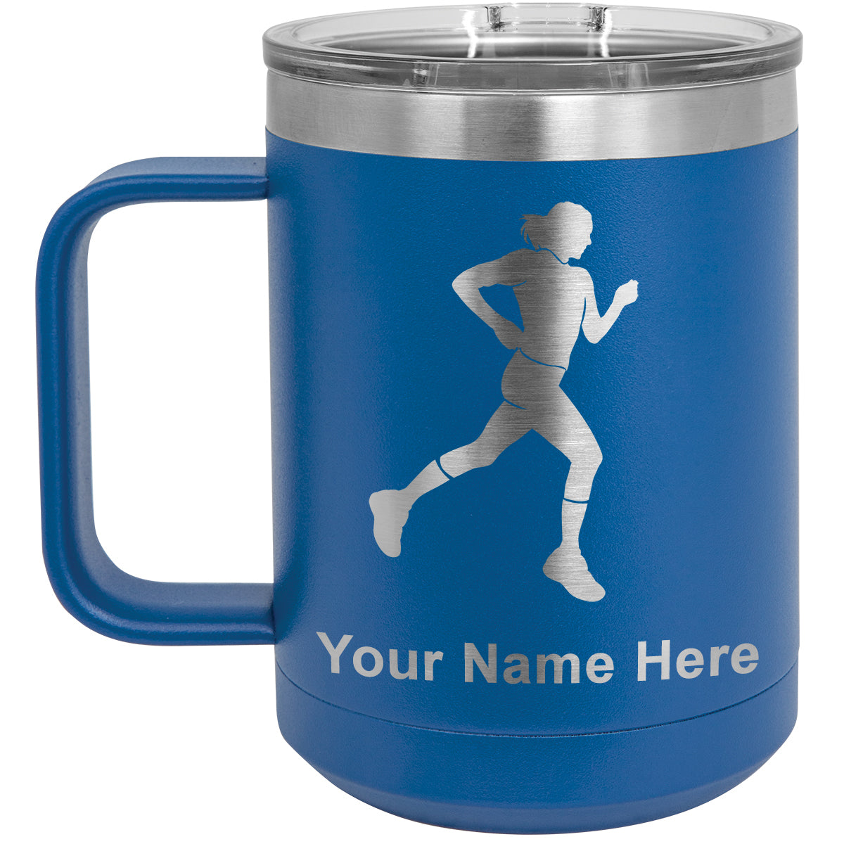 15oz Vacuum Insulated Coffee Mug, Running Woman, Personalized Engraving Included